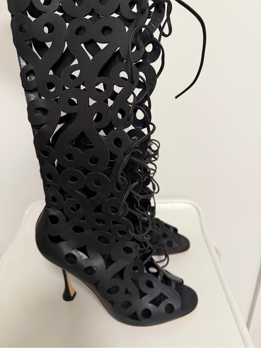 Manolo Blahnik Black Laser-Cut Lace-Up Open-Toe Knee Boots - Picture 1 of 3